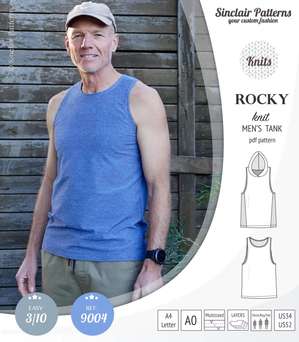 Rocky semi fitted knit tank with optional panels and a hood for men (PDF)