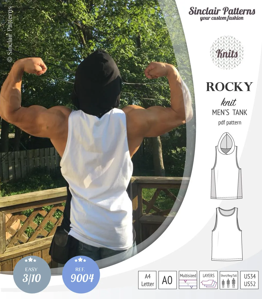 Rocky semi fitted knit tank with optional panels and a hood for men (PDF)