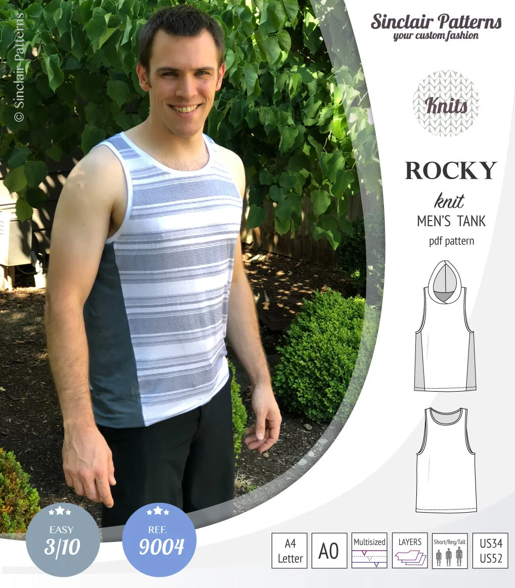 Rocky semi fitted knit tank with optional panels and a hood for men (PDF)