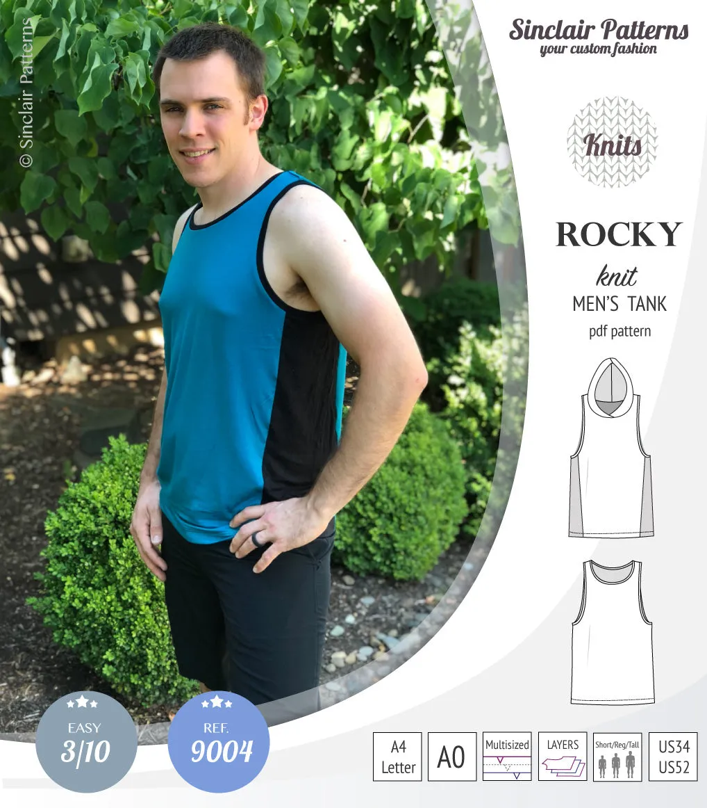 Rocky semi fitted knit tank with optional panels and a hood for men (PDF)