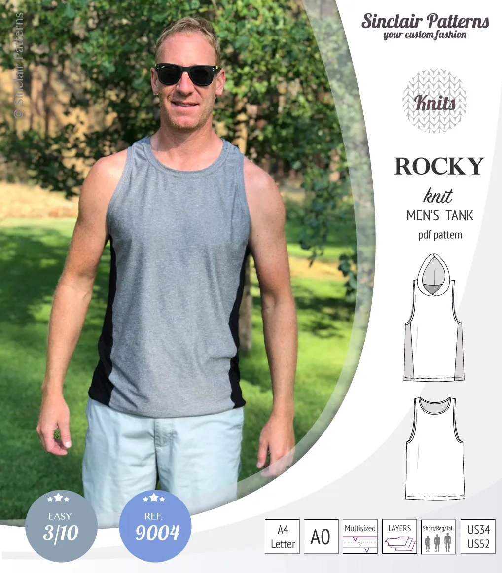 Rocky semi fitted knit tank with optional panels and a hood for men (PDF)