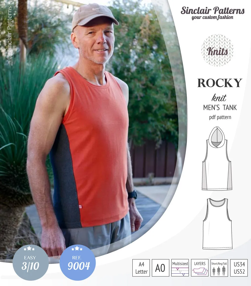 Rocky semi fitted knit tank with optional panels and a hood for men (PDF)