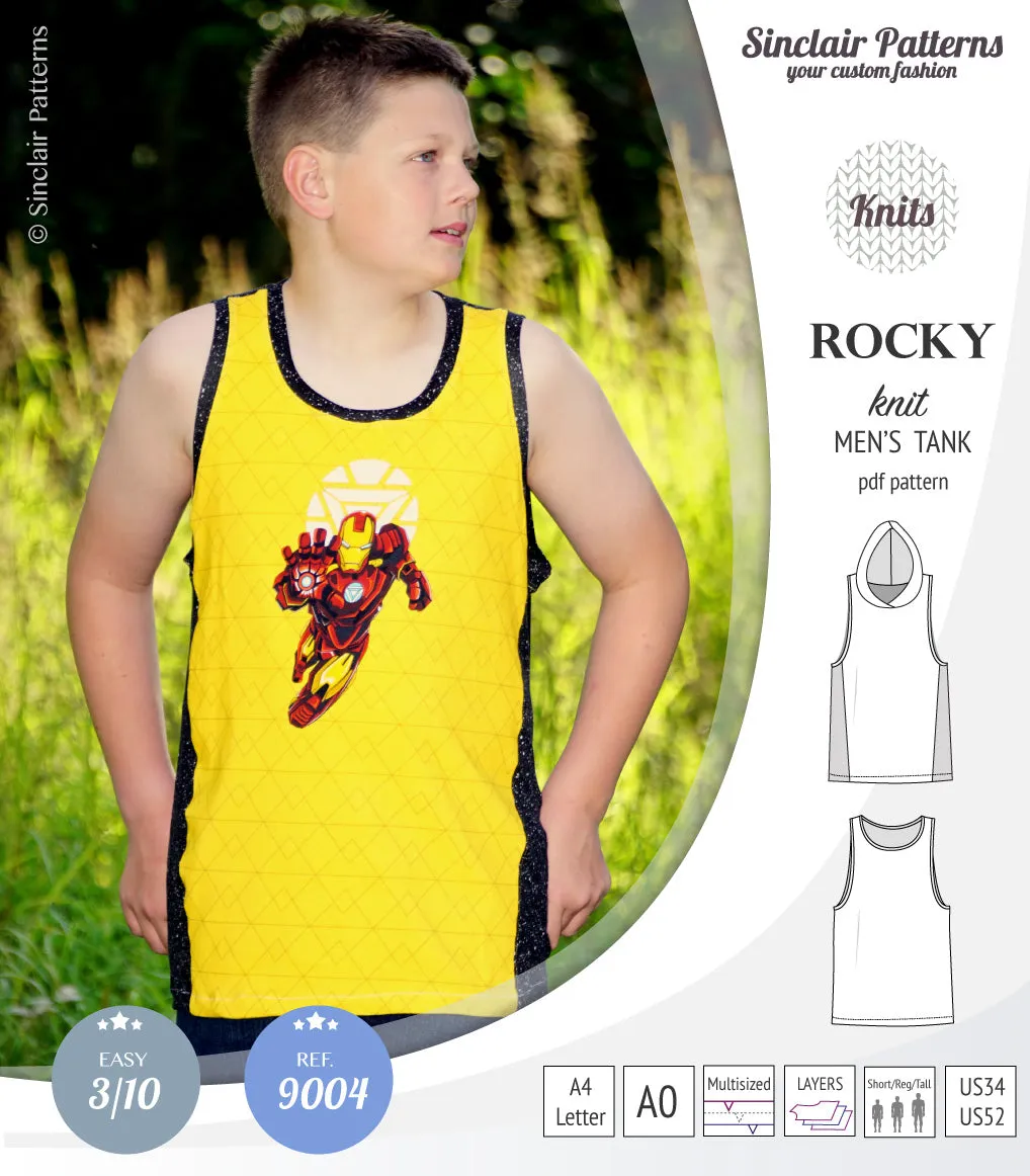 Rocky semi fitted knit tank with optional panels and a hood for men (PDF)