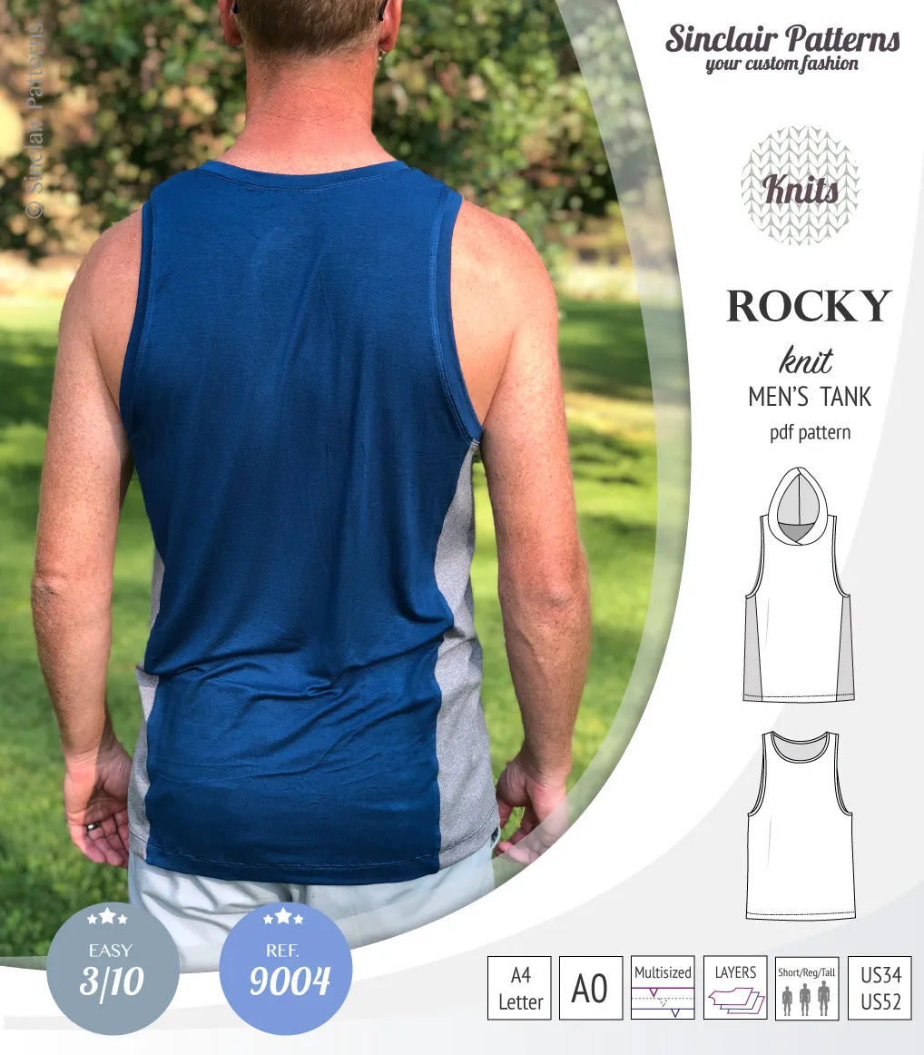 Rocky semi fitted knit tank with optional panels and a hood for men (PDF)