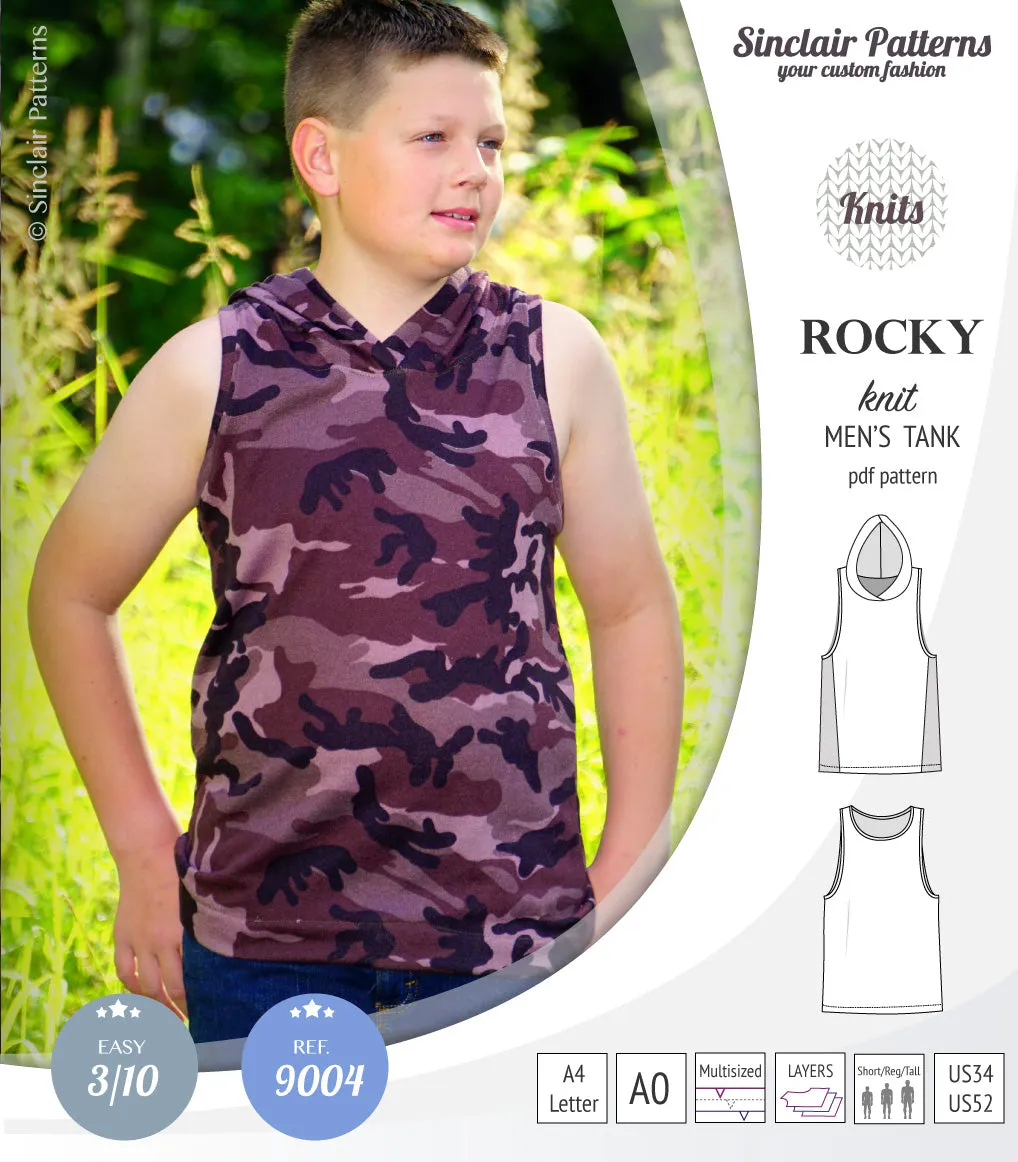 Rocky semi fitted knit tank with optional panels and a hood for men (PDF)