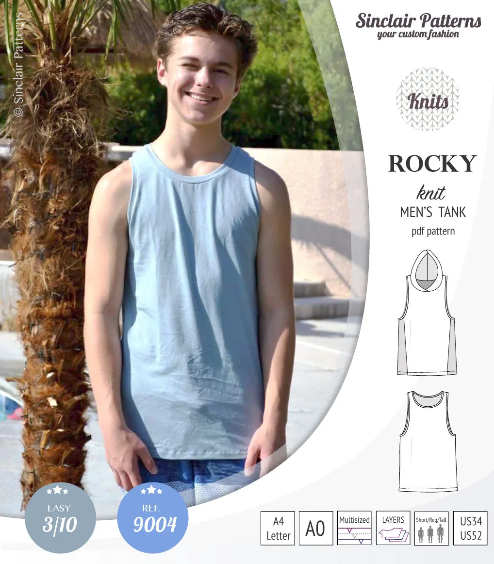 Rocky semi fitted knit tank with optional panels and a hood for men (PDF)