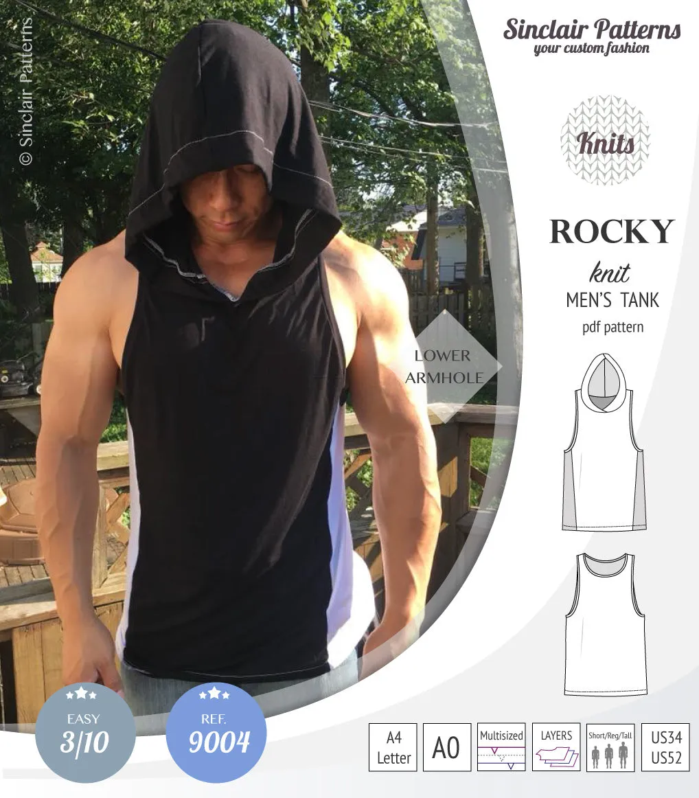 Rocky semi fitted knit tank with optional panels and a hood for men (PDF)