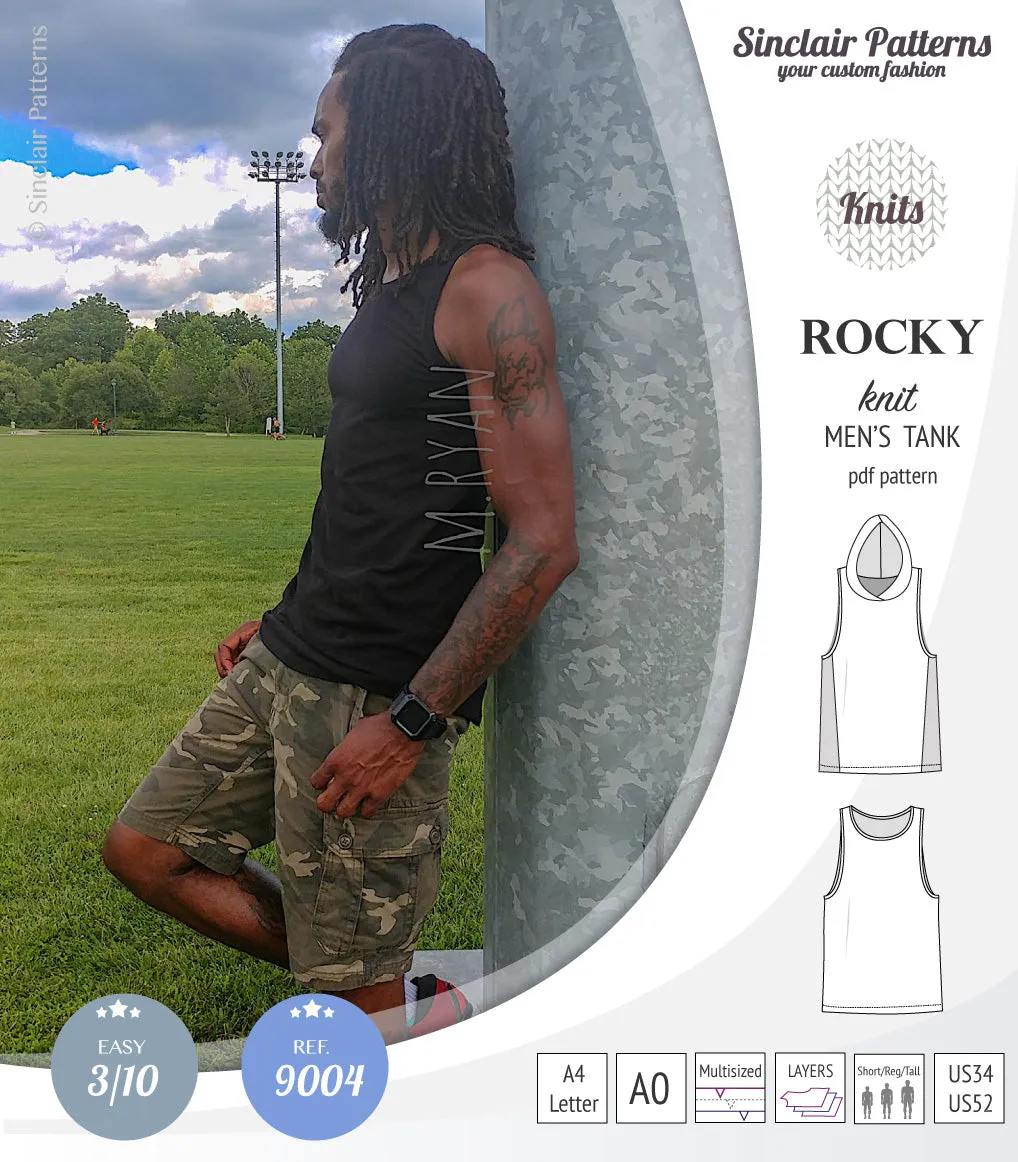 Rocky semi fitted knit tank with optional panels and a hood for men (PDF)