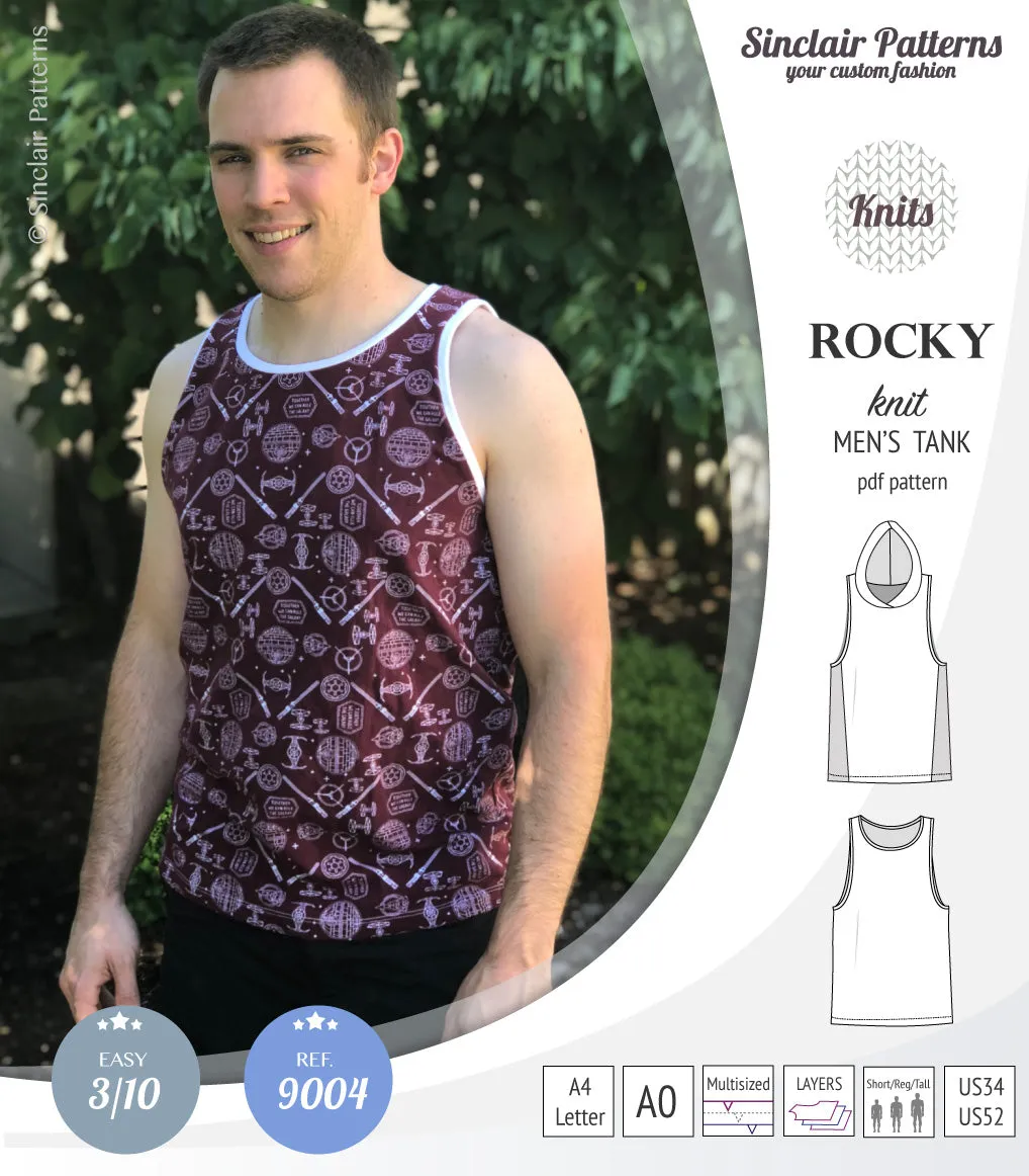 Rocky semi fitted knit tank with optional panels and a hood for men (PDF)