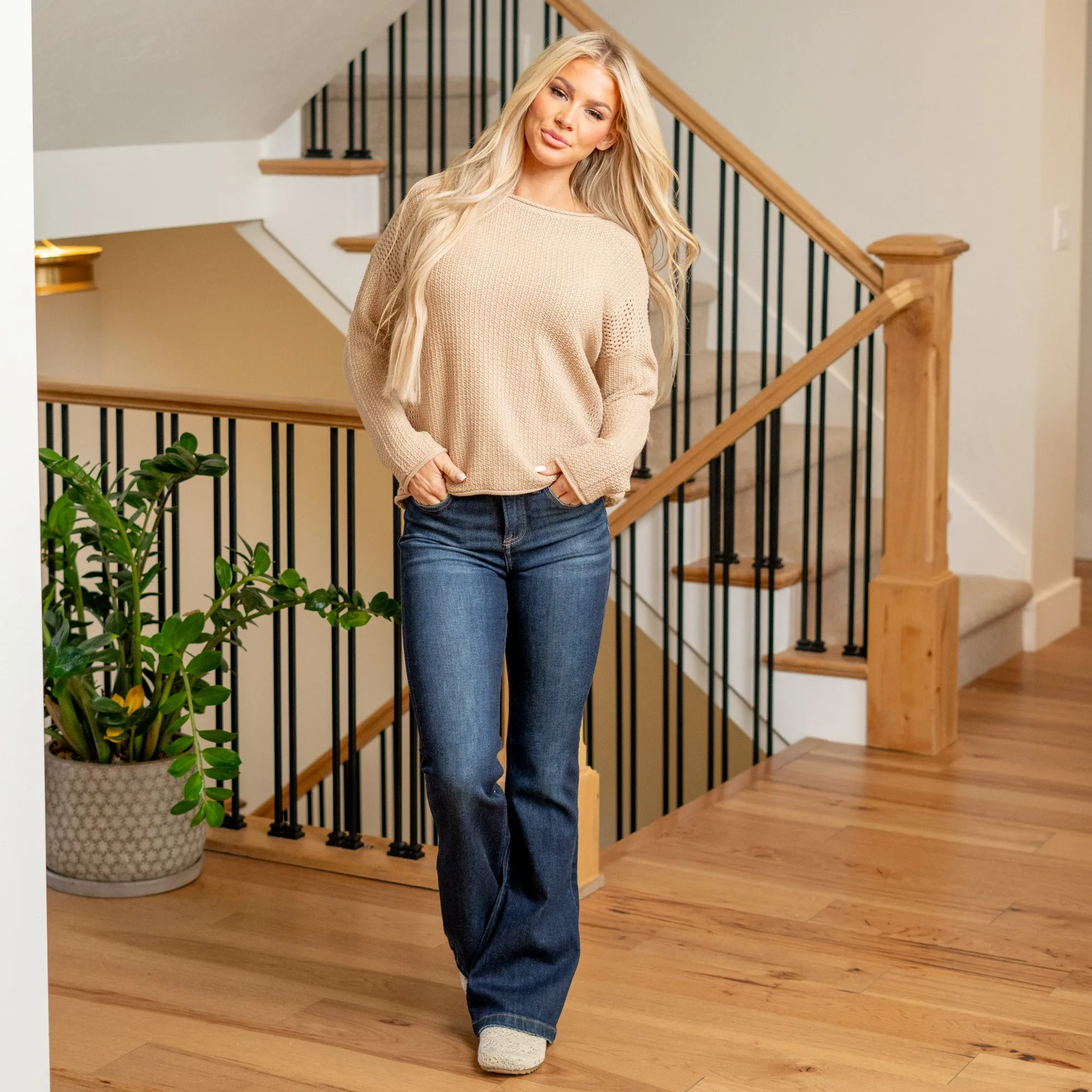 Rolled Openwork Round Neck Sweater