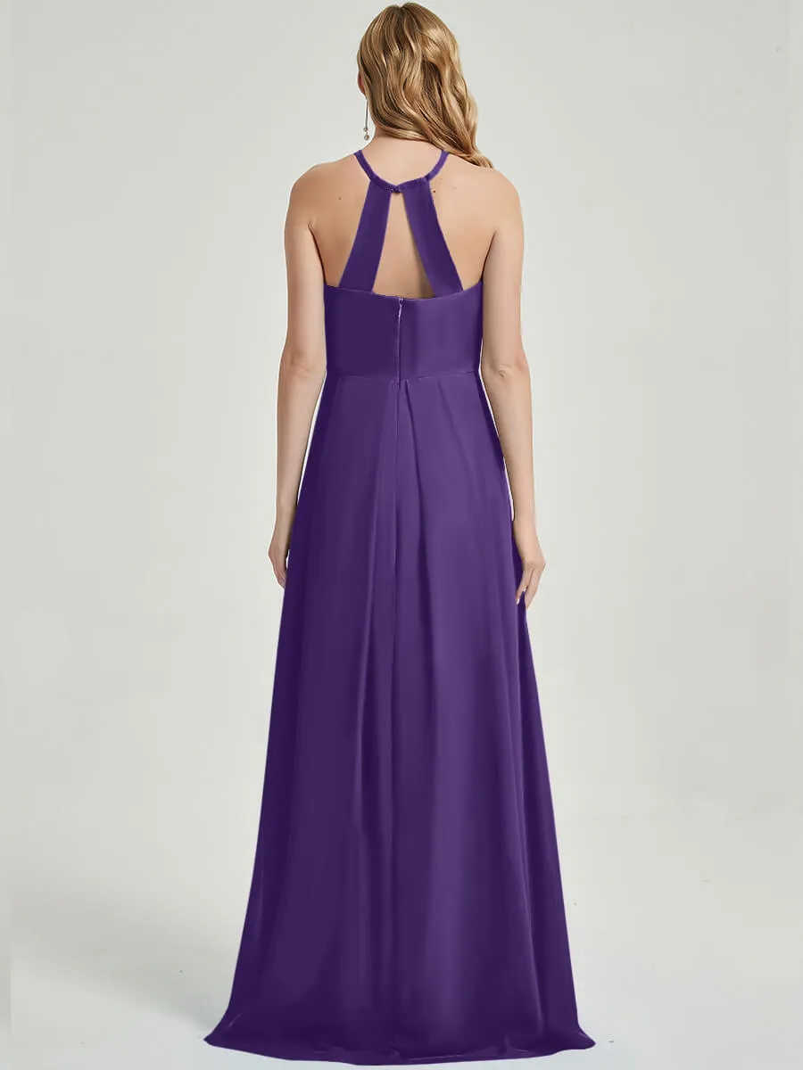 Royal Purple Halter Empire Pleated Backless Chiffon Maxi Bridesmaid Dress