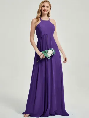 Royal Purple Halter Empire Pleated Backless Chiffon Maxi Bridesmaid Dress