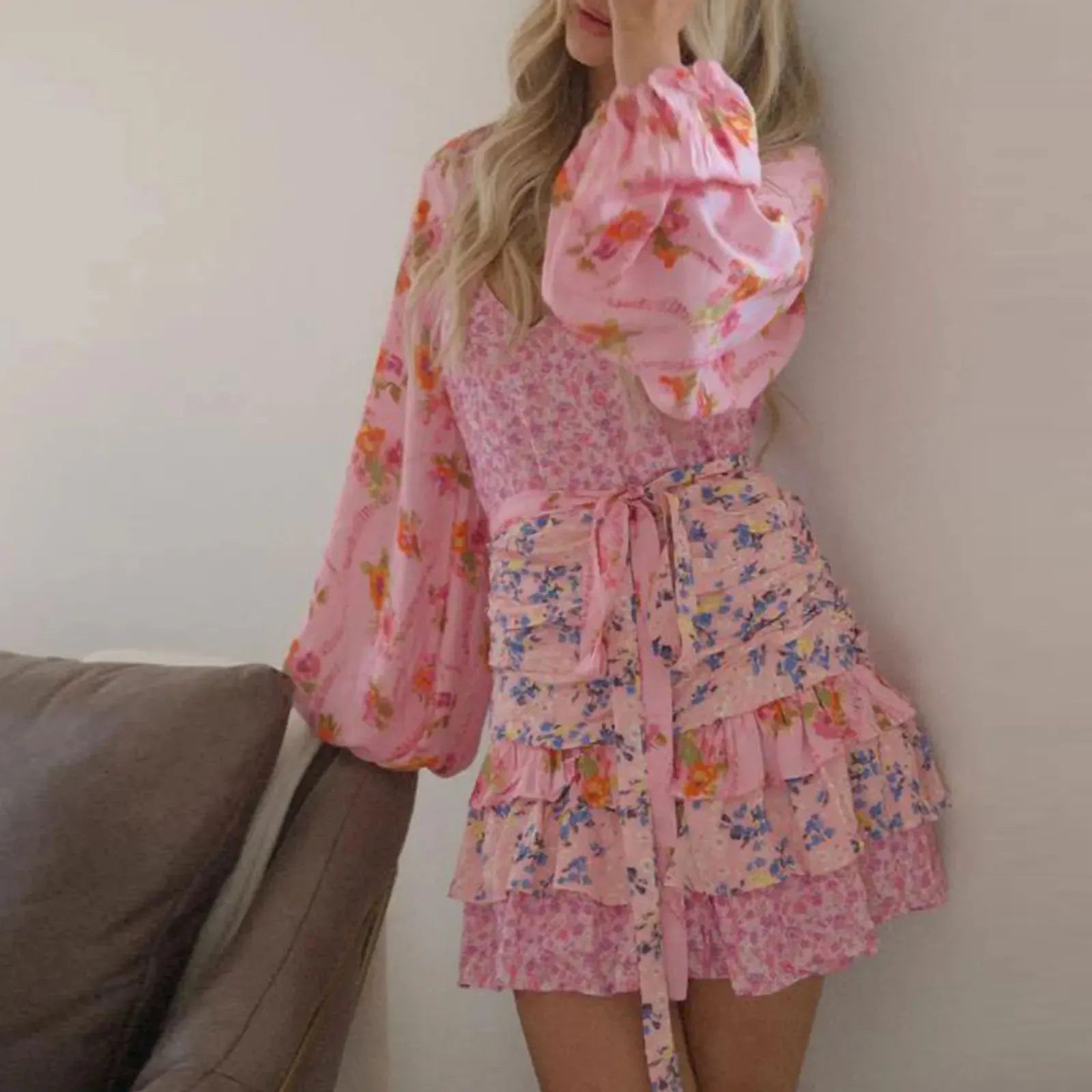 Ruffle Patchwork Belted Mini Sun V Neck Long Sleeve Boho Dress