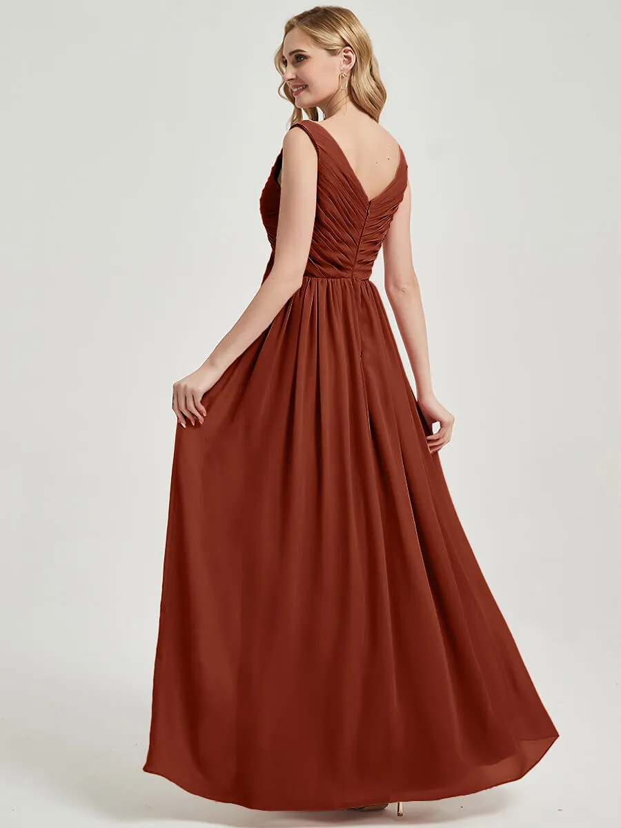 Rusty Red Empire Sleeveless Pleated Chiffon Maxi Bridesmaid Dress