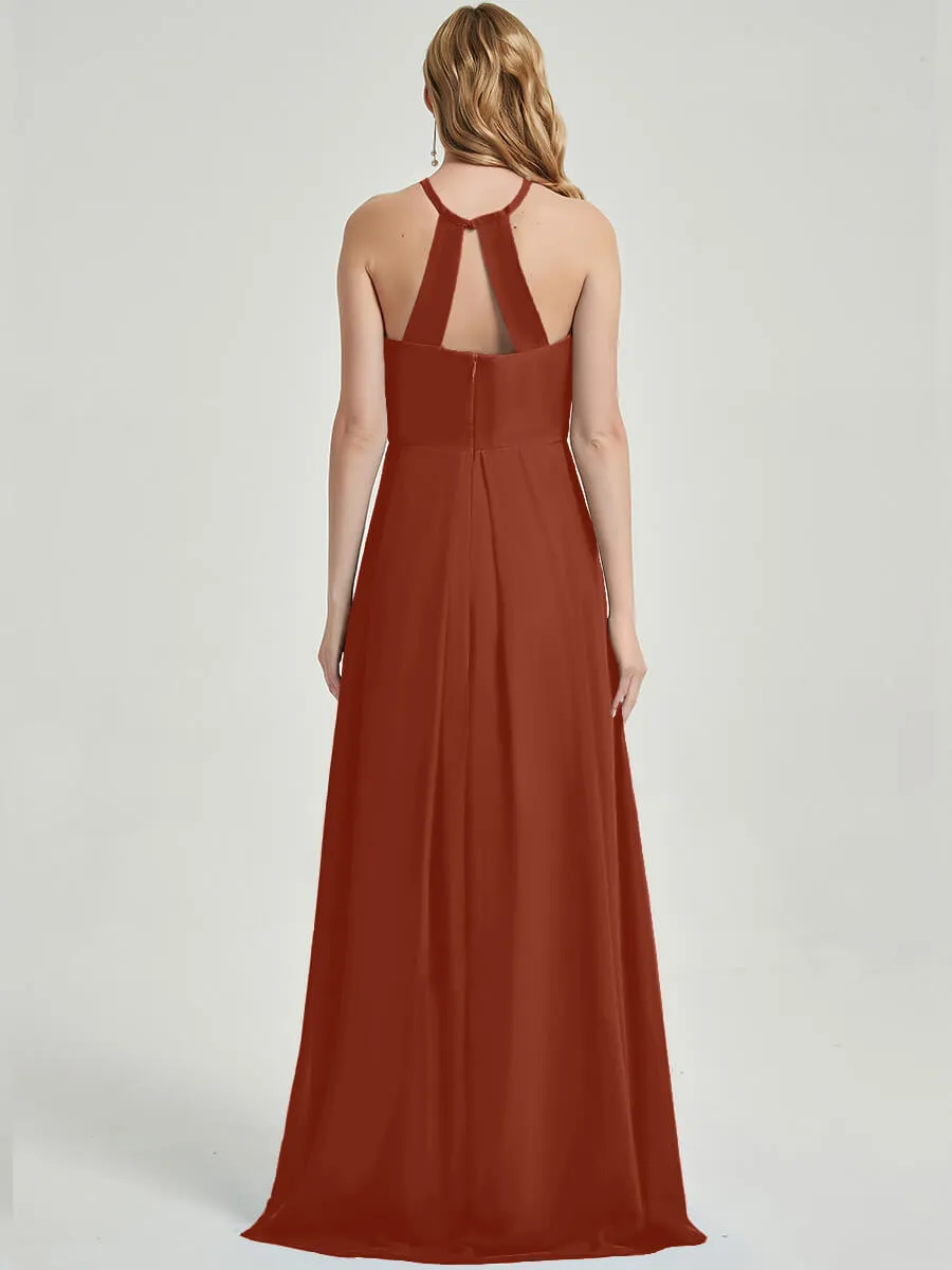 Rusty Red Halter Empire Pleated Backless Chiffon Maxi Bridesmaid Dress