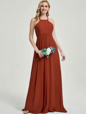Rusty Red Halter Empire Pleated Backless Chiffon Maxi Bridesmaid Dress