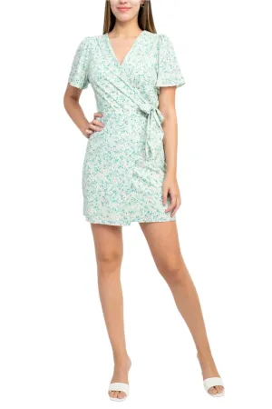 Sage Collective V-Neck Mock Wrap Tie Side Short Sleeve Zipper Back Floral Print Crepe Dress