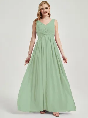 Sage Green Empire Sleeveless Pleated Chiffon Maxi Bridesmaid Dress