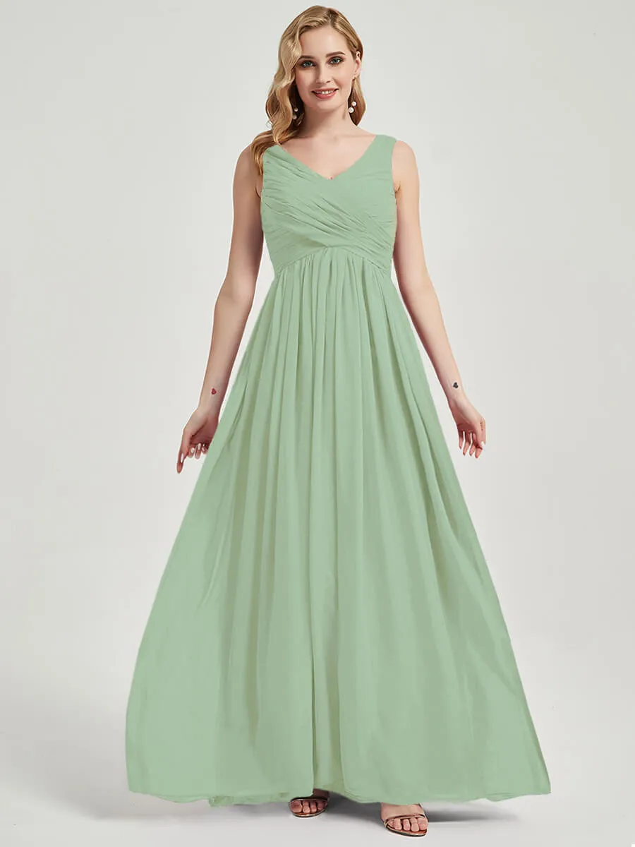 Sage Green Empire Sleeveless Pleated Chiffon Maxi Bridesmaid Dress