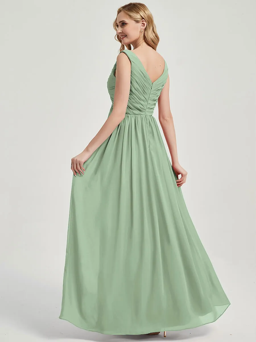 Sage Green Empire Sleeveless Pleated Chiffon Maxi Bridesmaid Dress