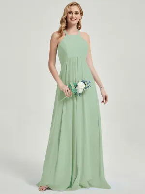 Sage Green Halter Neck Empire Pleated Backless Chiffon Bridesmaid Dress