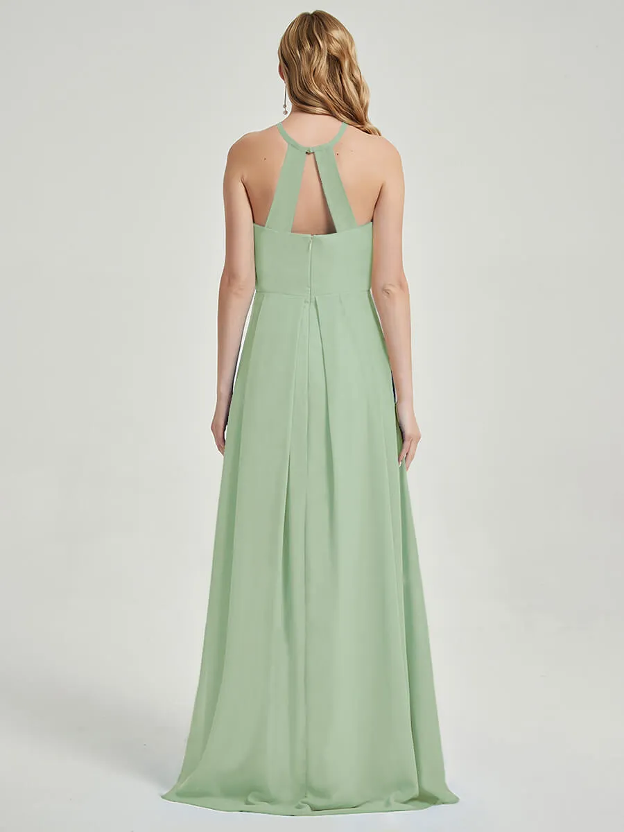 Sage Green Halter Neck Empire Pleated Backless Chiffon Bridesmaid Dress