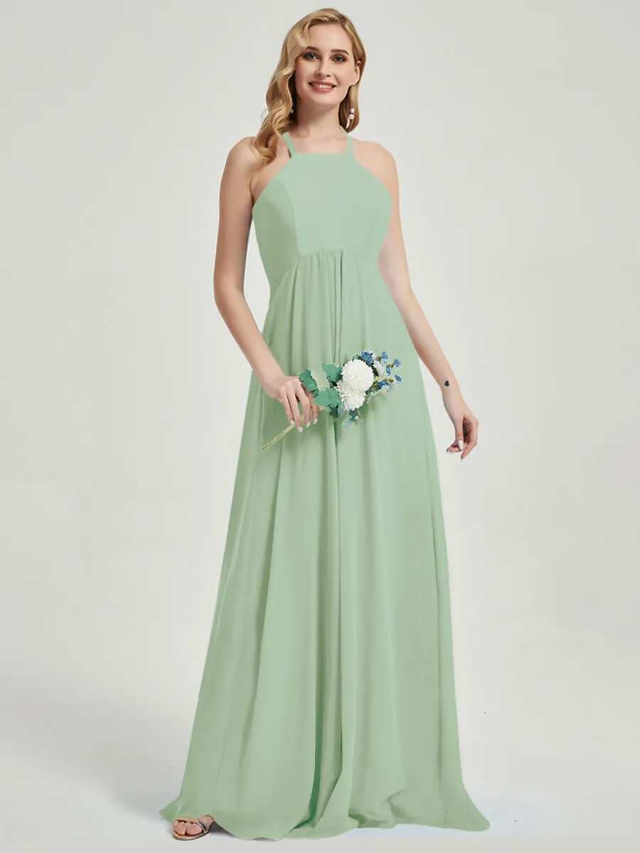 Sage Green Halter Neck Empire Pleated Backless Chiffon Bridesmaid Dress