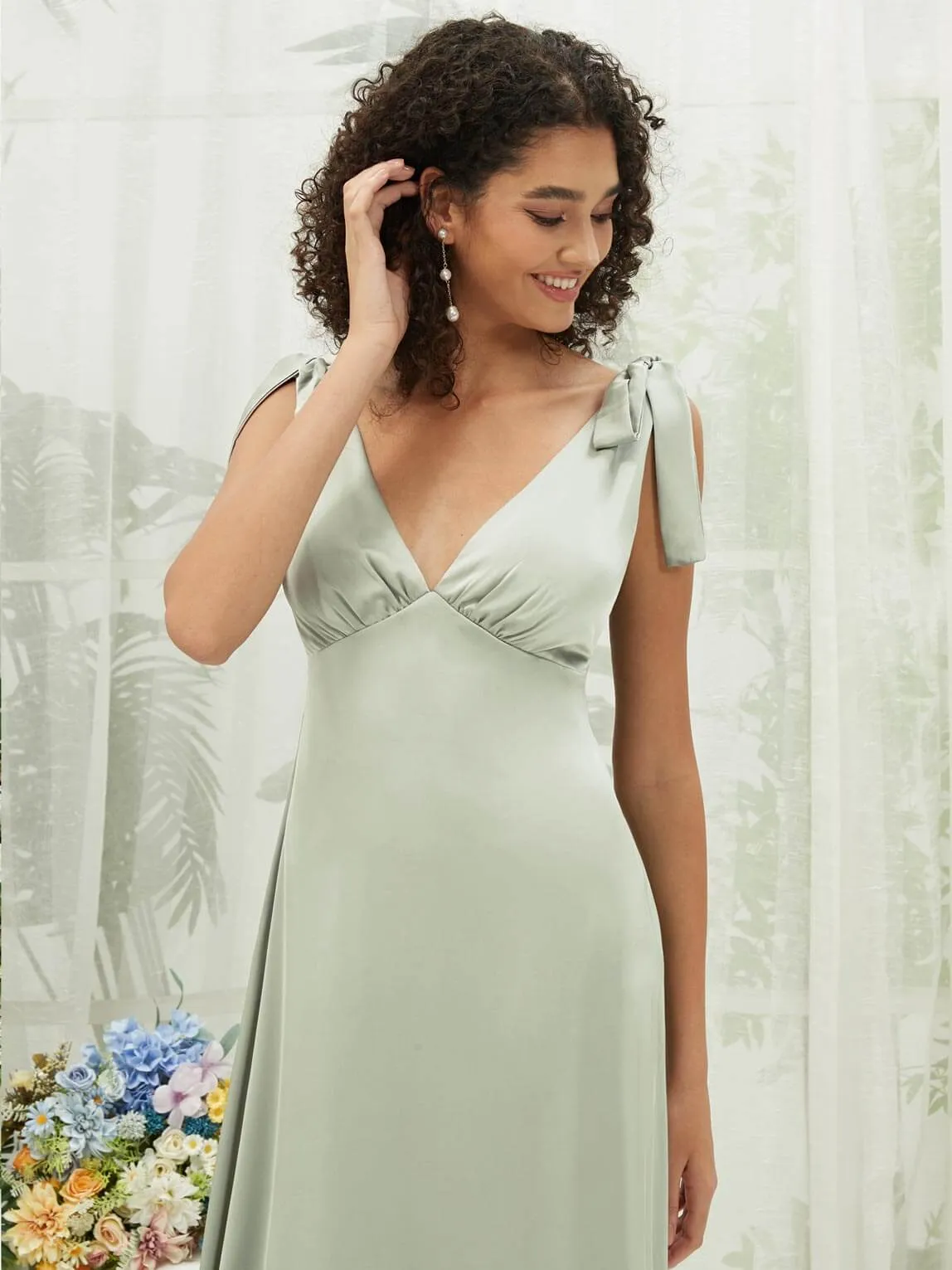 Sage Green V-Neck Detachable Bow Straps V-Neck Silk Satin Convertible Bridesmaid Dress Tea Length