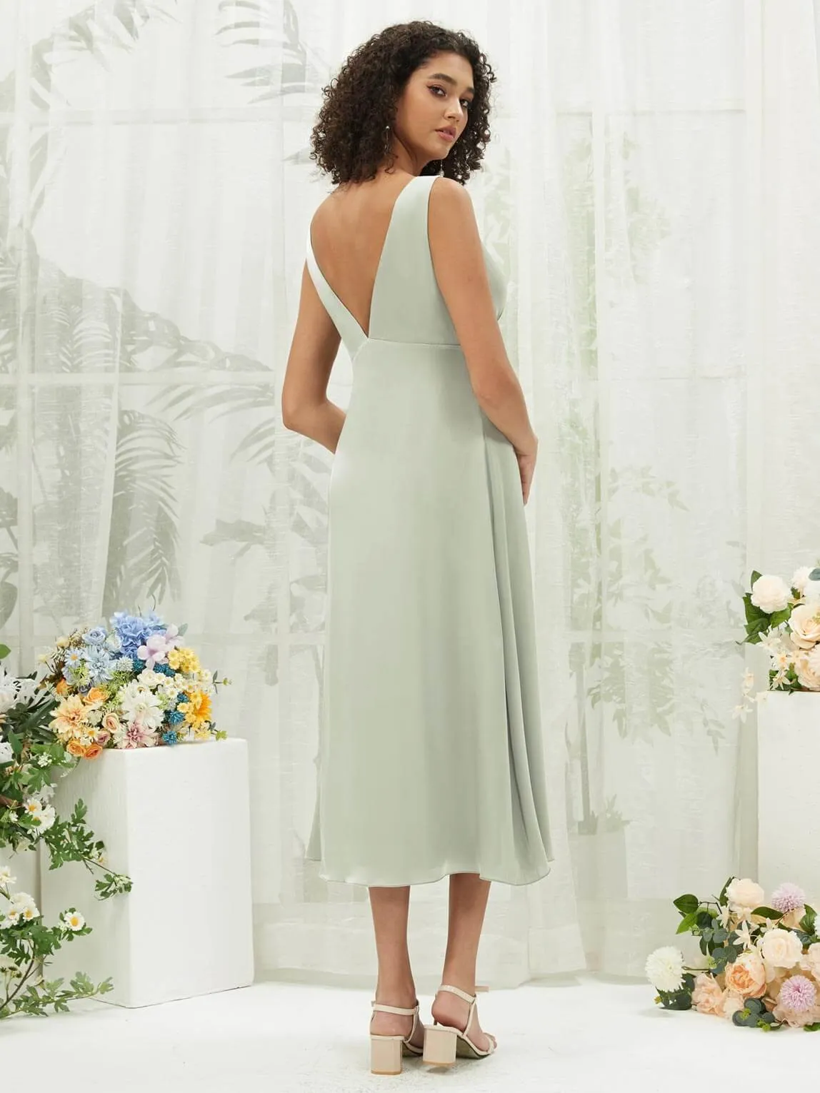 Sage Green V-Neck Detachable Bow Straps V-Neck Silk Satin Convertible Bridesmaid Dress Tea Length