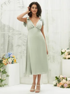 Sage Green V-Neck Detachable Bow Straps V-Neck Silk Satin Convertible Bridesmaid Dress Tea Length