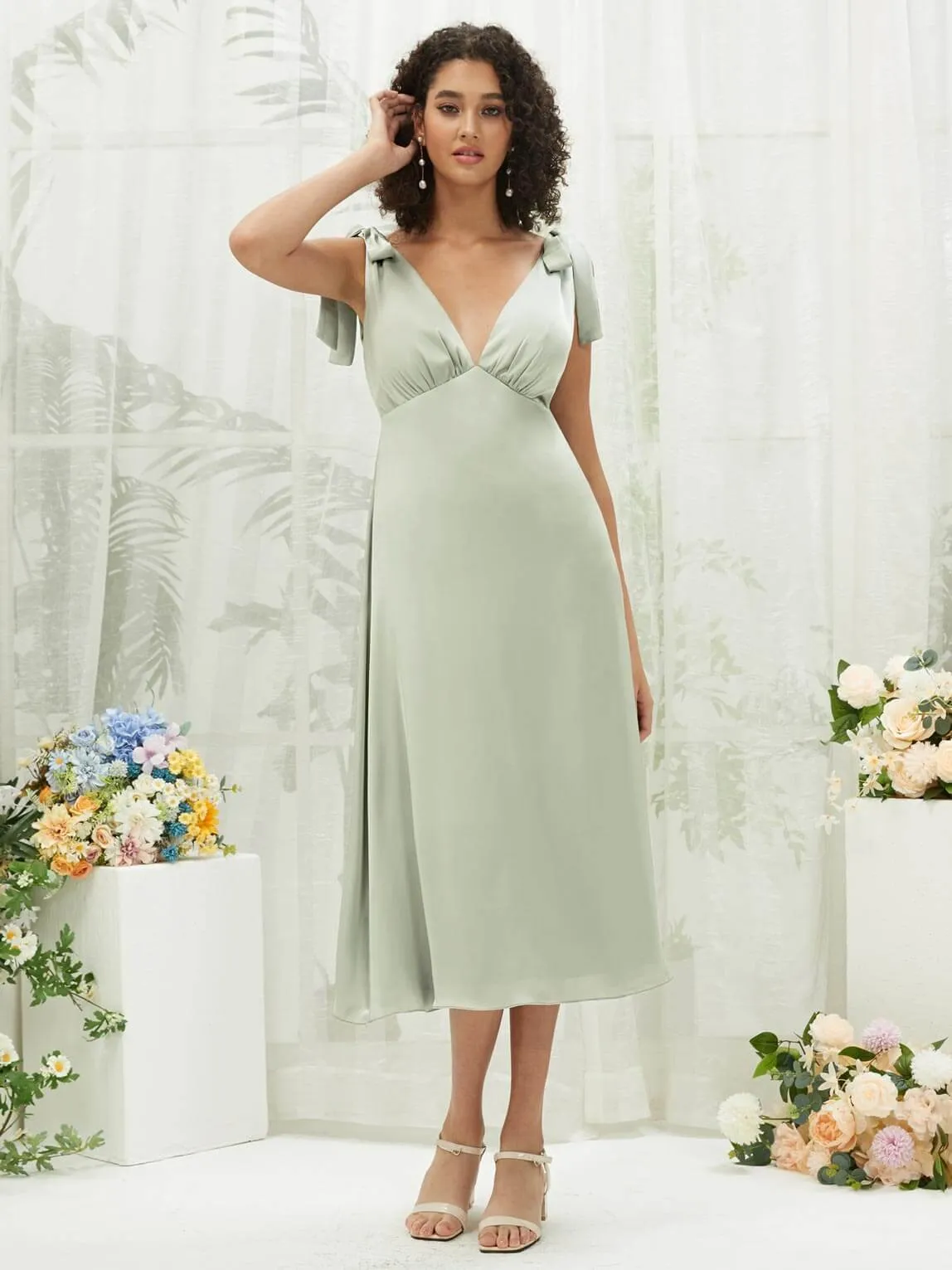 Sage Green V-Neck Detachable Bow Straps V-Neck Silk Satin Convertible Bridesmaid Dress Tea Length