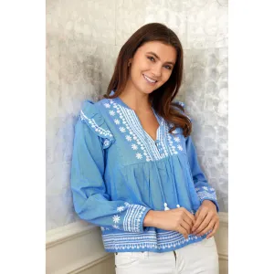Sail to Sable Embroidered Ruffle Front Blouse with Tassels
