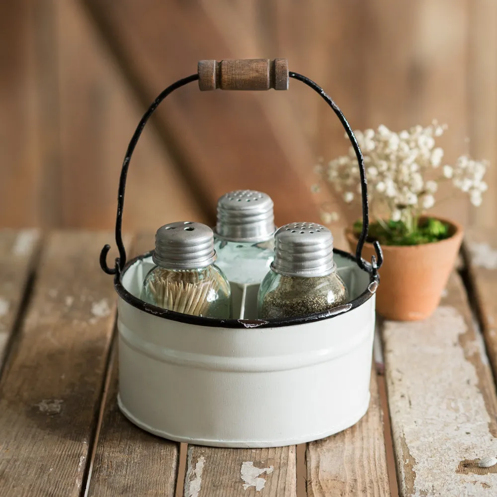 Salt and Pepper with Toothpick Holder White Bucket Caddy