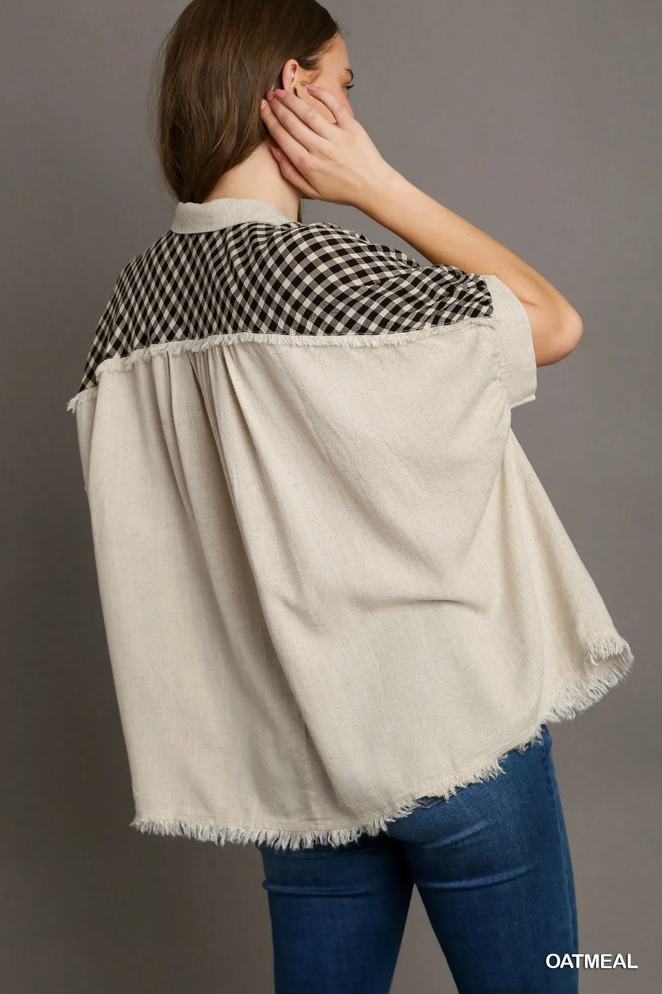 Sara Checkered Button Down Collared Top In Oatmeal