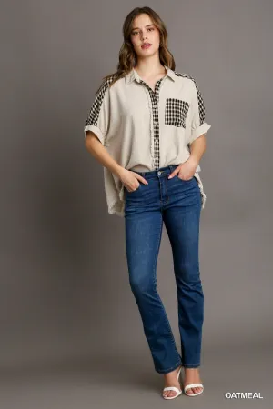 Sara Checkered Button Down Collared Top In Oatmeal