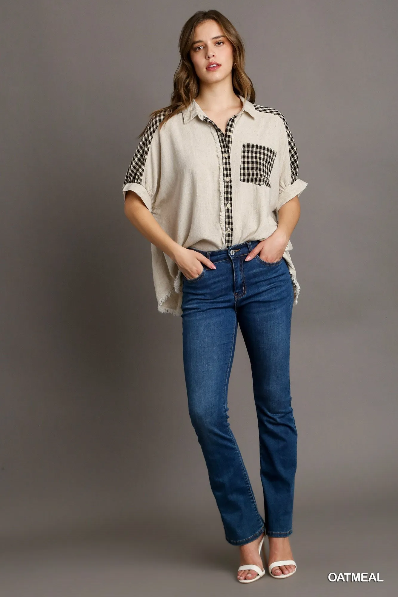 Sara Checkered Button Down Collared Top In Oatmeal