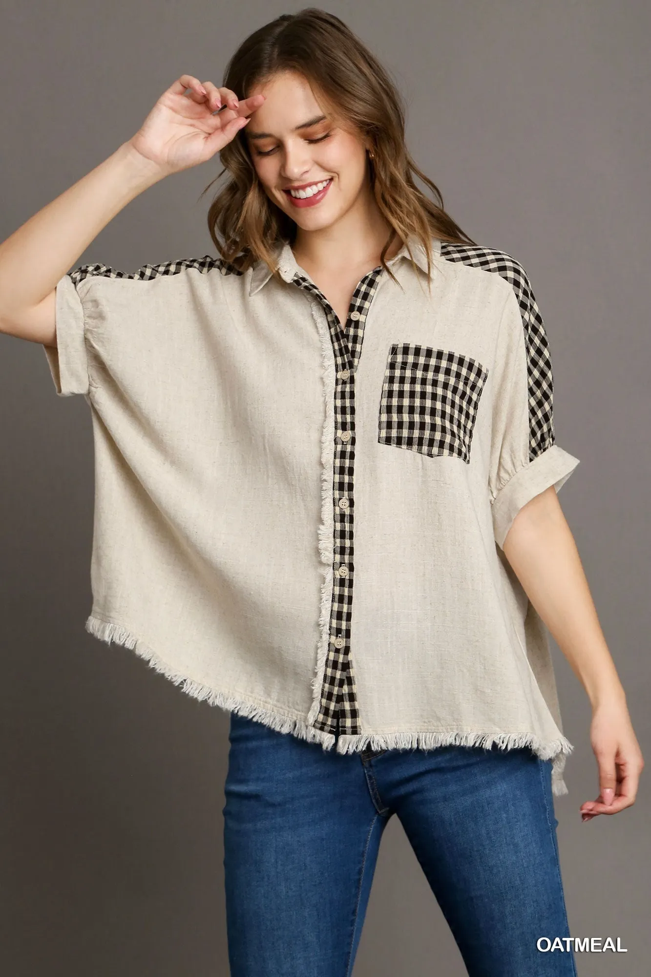 Sara Checkered Button Down Collared Top In Oatmeal