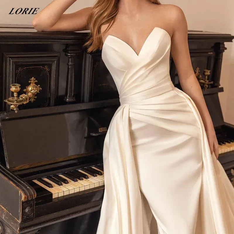 Satin Off Shoulder Wedding Dresses With Detachable Train Sweetheart A-Line