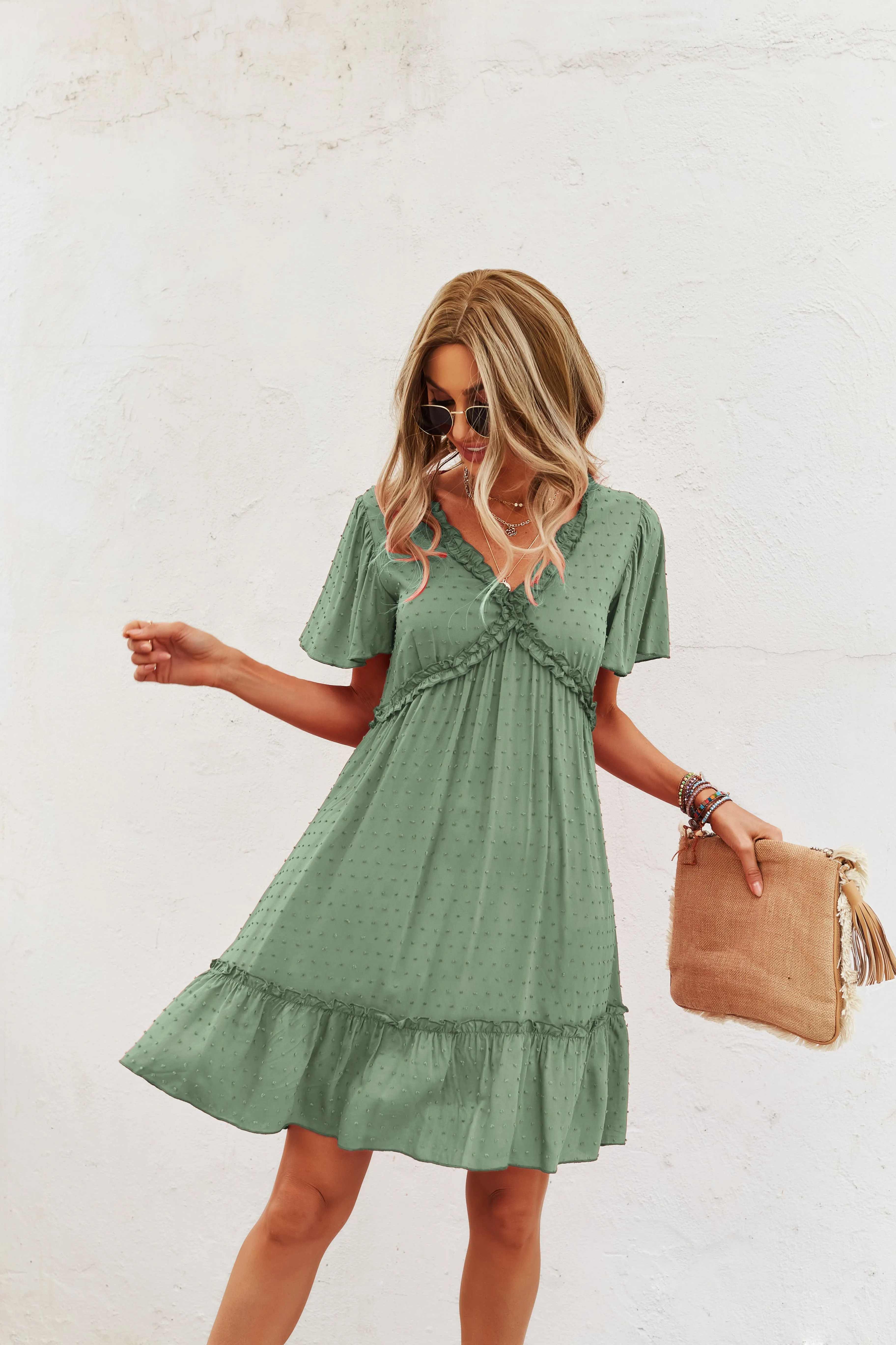 Sea Green A-Line Mini Dress With Ruffle Detail