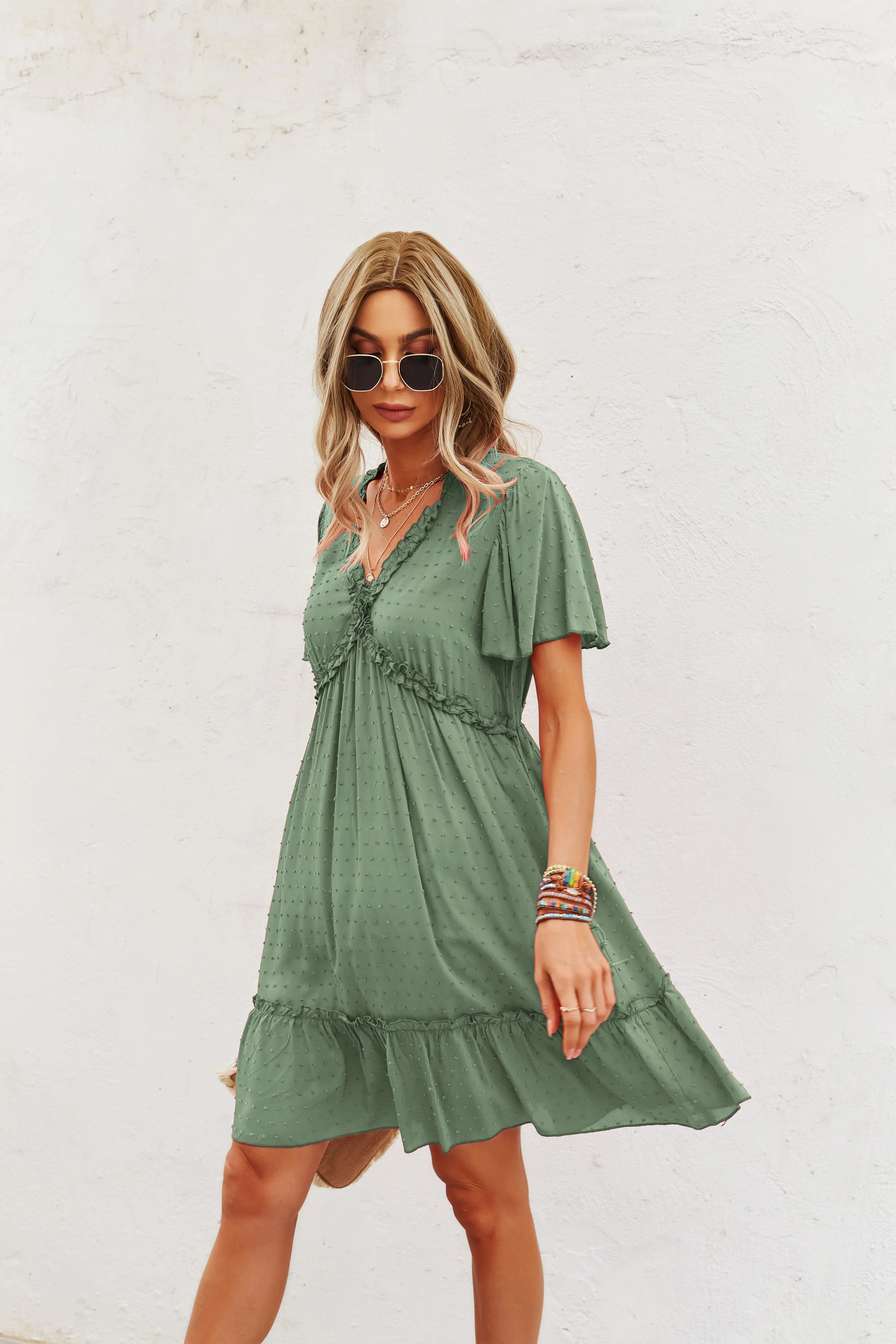 Sea Green A-Line Mini Dress With Ruffle Detail