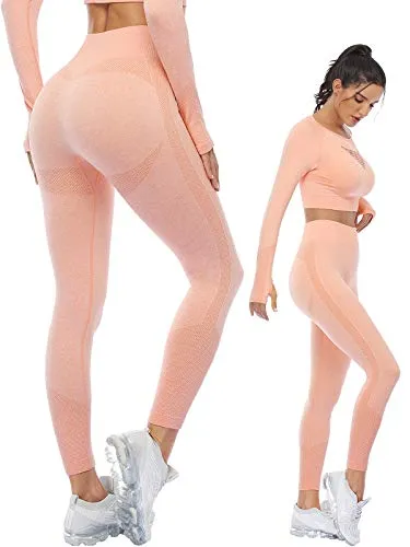 Seamless Workout Sets for Women 2 Piece Long Sleeve Crop Tops and High Waisted Leggings for Women Tracksuit Set (8003L-Vibrant Orange)