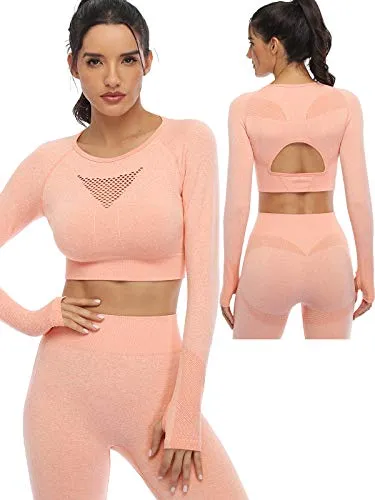 Seamless Workout Sets for Women 2 Piece Long Sleeve Crop Tops and High Waisted Leggings for Women Tracksuit Set (8003L-Vibrant Orange)