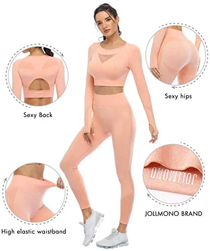 Seamless Workout Sets for Women 2 Piece Long Sleeve Crop Tops and High Waisted Leggings for Women Tracksuit Set (8003L-Vibrant Orange)