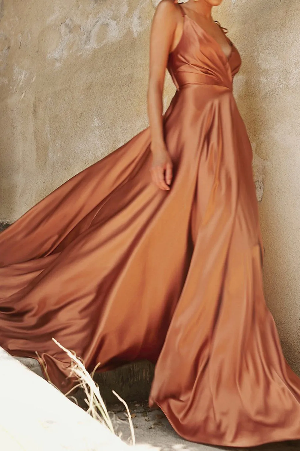 Sexy Satin Split Front Spaghetti Strapes Prom Dress