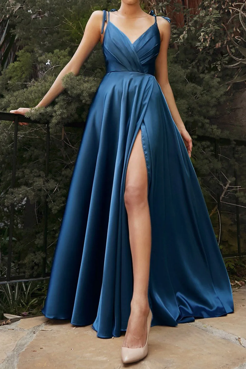 Sexy Satin Split Front Spaghetti Strapes Prom Dress