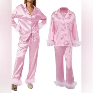 Silk Satin Pajama Set in Pink/White Size Large