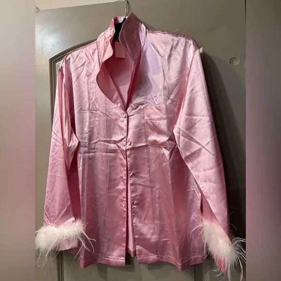 Silk Satin Pajama Set in Pink/White Size Large