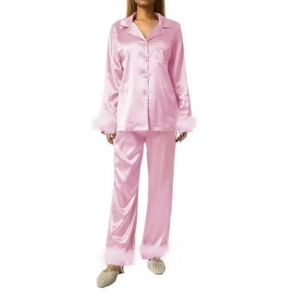 Silk Satin Pajama Set in Pink/White Size Large