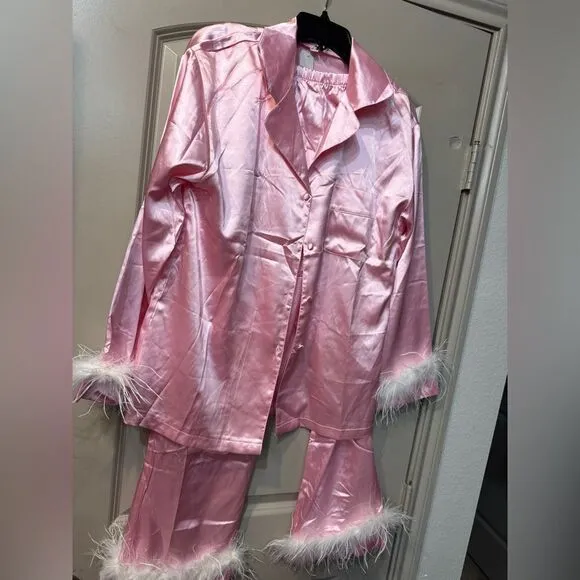 Silk Satin Pajama Set in Pink/White Size Large