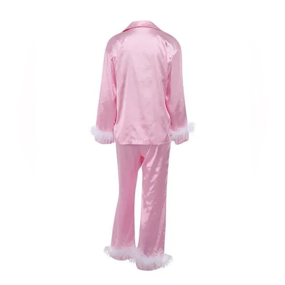 Silk Satin Pajama Set in Pink/White Size Large
